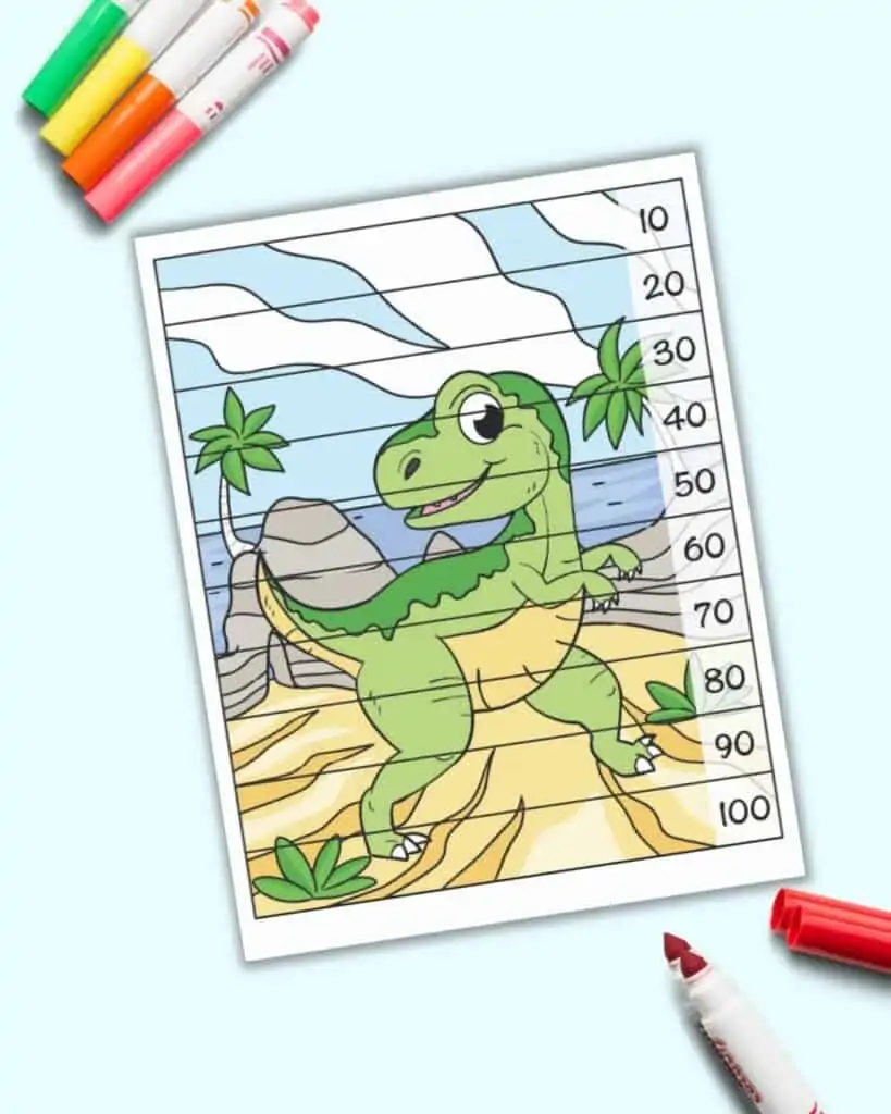 A dinosaur themed skip counting by 10s number building puzzle. There is a colorful image with a t-rex dinosaur. The page is divided into 10 strips to cut out. Each strip has a number 10-100 counting by 10s.