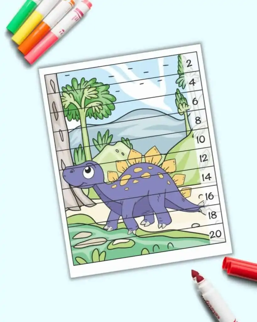 A number building puzzle with a purple stegosaurs. The image has ten black lines across it to make strips to cut apart. Each strip has an even number 2-20.