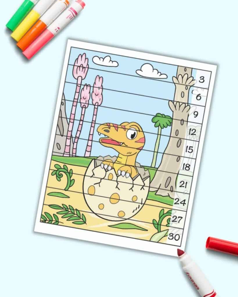 A skip counting number building puzzle with an orange velociraptor hatching from an egg. The image is in vertical/portrait orientation with lines to cut the page into 10 strips. Each strip has a number 3-30 counting by 3s.