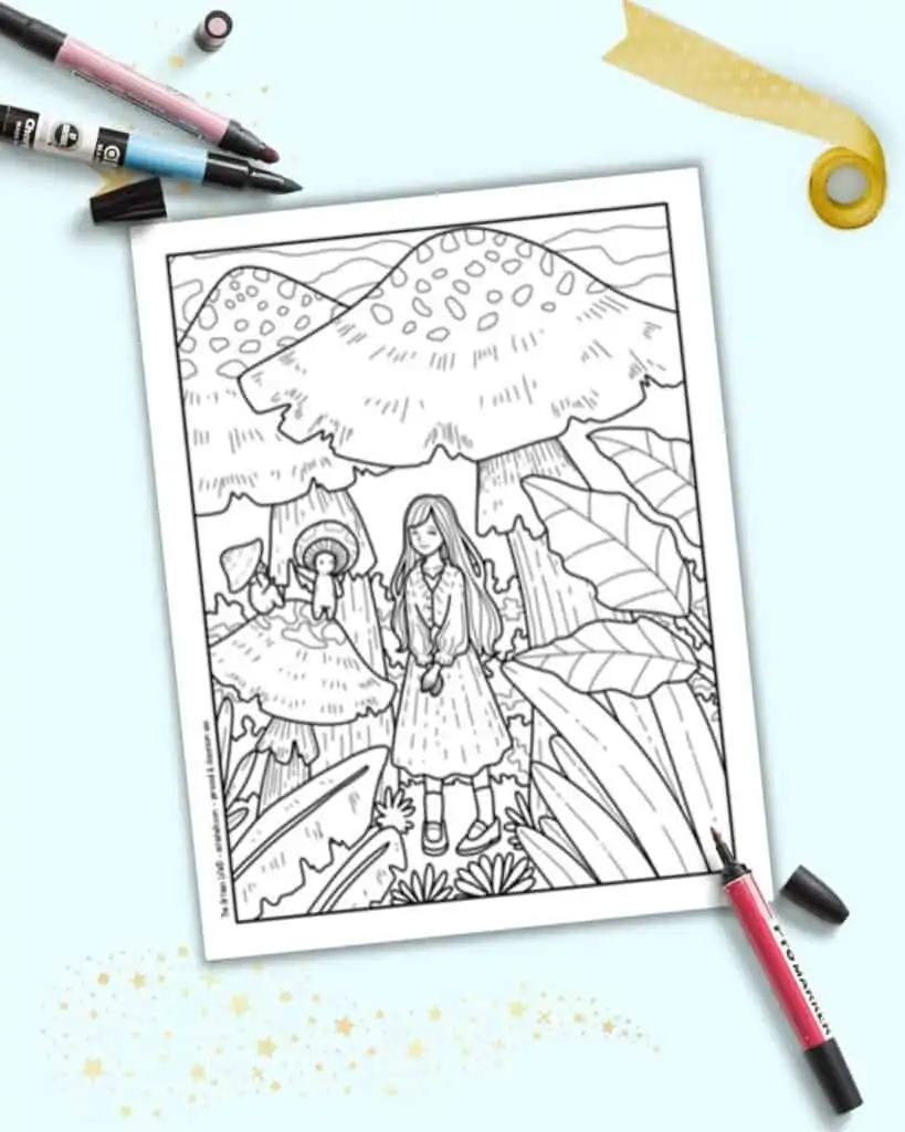 A preview of a free printable cute mushroom coloring page with a girl in a mushroom forest and a cute mushroom person guide.