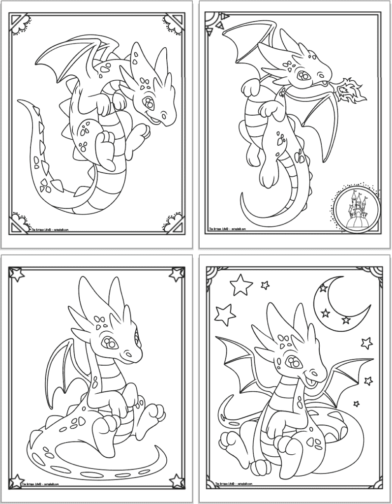 A 2x2 grid with four free printable cute baby dragon coloring pages. Each page has a doodle frame to color. One page also has a small castle and another has a moon and stars with a sitting baby dragon.