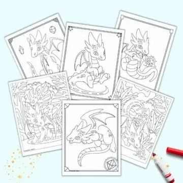 A preview of six free printable baby dragon coloring pages for kids. Four have doodle frames with gems to color. Two have complete backgrounds with tropical/prehistoric looking vegetation.
