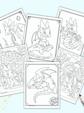 A preview of six free printable baby dragon coloring pages for kids. Four have doodle frames with gems to color. Two have complete backgrounds with tropical/prehistoric looking vegetation.