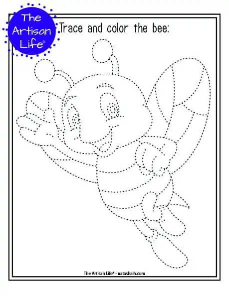 A printable trace and color page with a cute bee to trace and color. The bee has dotted lines instead of solid lines for a child to trace. 