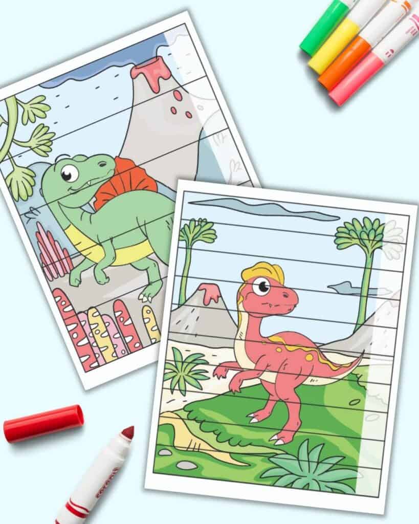 Two dinosaur themed building puzzles with blank spaces to write numbers or words. Each page has a full color dinosaur image. The front page is divided into 10 strips to cut out with a white box on the right side of each strip. The page behind has 5 strips and five boxes for writing numbers or sight words.