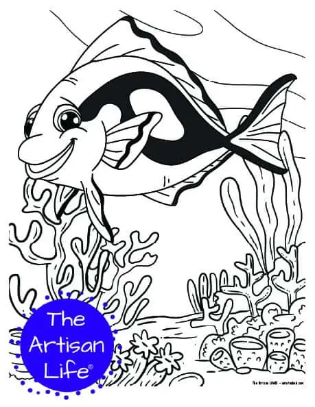 A children's coloring page with a cute blue tang on a background with coral and seaweed to color. 