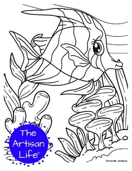 A children's coloring page with a cute butterfly fish on a background with coral and seaweed to color. 