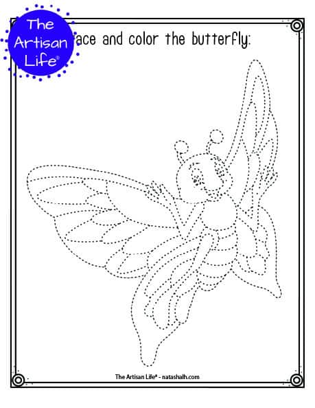 A printable trace and color page with a cute flying butterfly to trace and color. The butterfly has dotted lines instead of solid lines for a child to trace. 