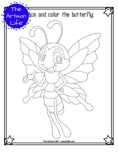 A printable trace and color page with a cute butterfly to trace and color. The butterfly has dotted lines instead of solid lines for a child to trace. 