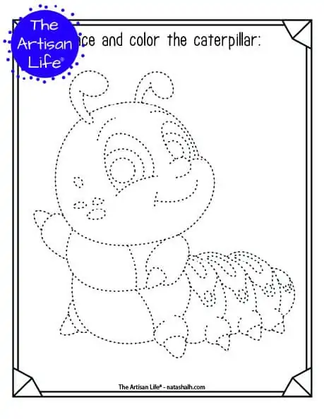 A printable trace and color page with a cute caterpillar to trace and color. The caterpillar has dotted lines instead of solid lines for a child to trace. 