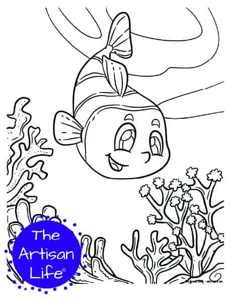 A children's coloring page with a cute clownfish on a background with coral and seaweed to color. 