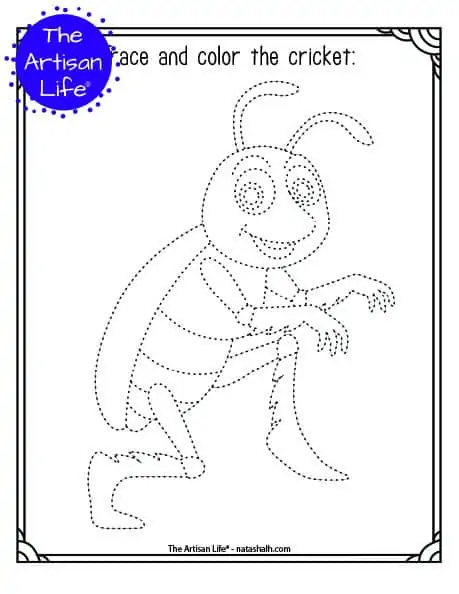A printable trace and color page with a cute cricket to trace and color. The cricket has dotted lines instead of solid lines for a child to trace. 