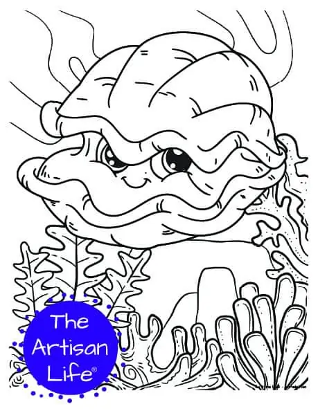 A children's coloring page with a cute clam on a background with coral and seaweed to color. 