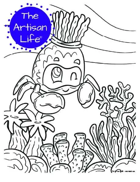 A children's coloring page with a cute crab with an anemone on its head on a background with coral and seaweed to color. 