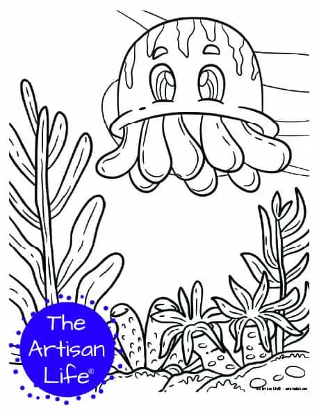 A children's coloring page with a cute jellyfish on a background with coral and seaweed to color. 