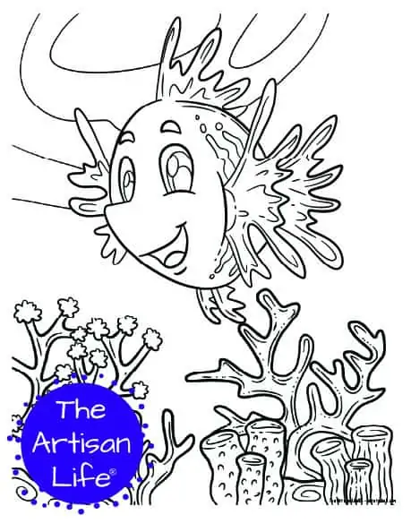 A children's coloring page with a cute lion fish on a background with coral and seaweed to color. 