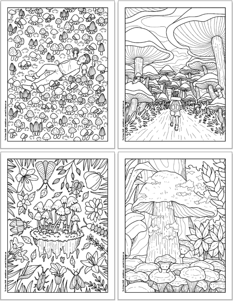 A 2x2 grid with four printable mushroom coloring pages. Each page has cute mushroom people to color with a man napping in a field of mushrooms, a person walking through a mushroom forest, cute insets and flowers, and peeping out from behind a large mushroom.