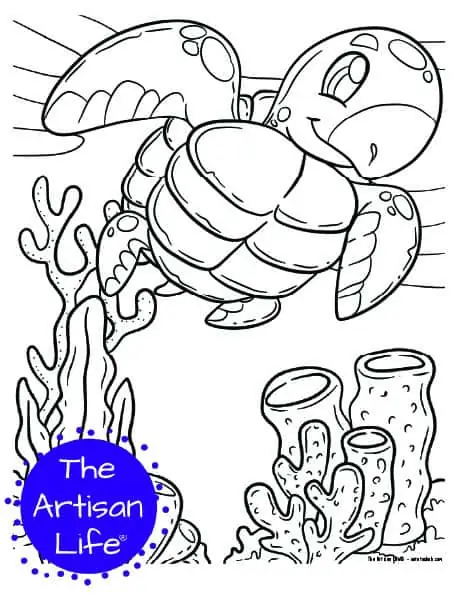 A children's coloring page with a cute sea turtle on a background with coral and seaweed to color. 