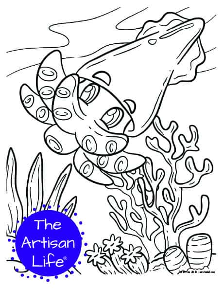 A children's coloring page with a cute swimming squid on a background with coral and seaweed to color. 