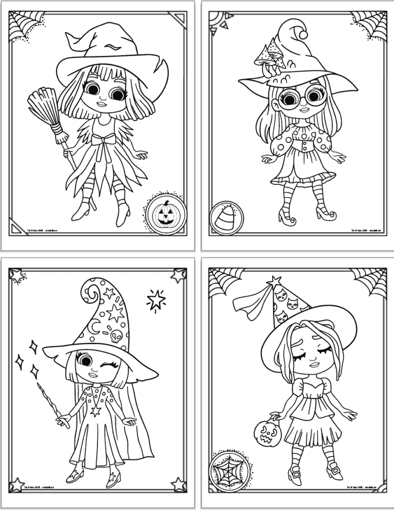 A 2x2 grid with free printable cute Halloween witch coloring pages. The pages feature: a witch with a broom, a witch with mushrooms on her hat, a witch with a wand, and a witch with a trick or treat bucket.