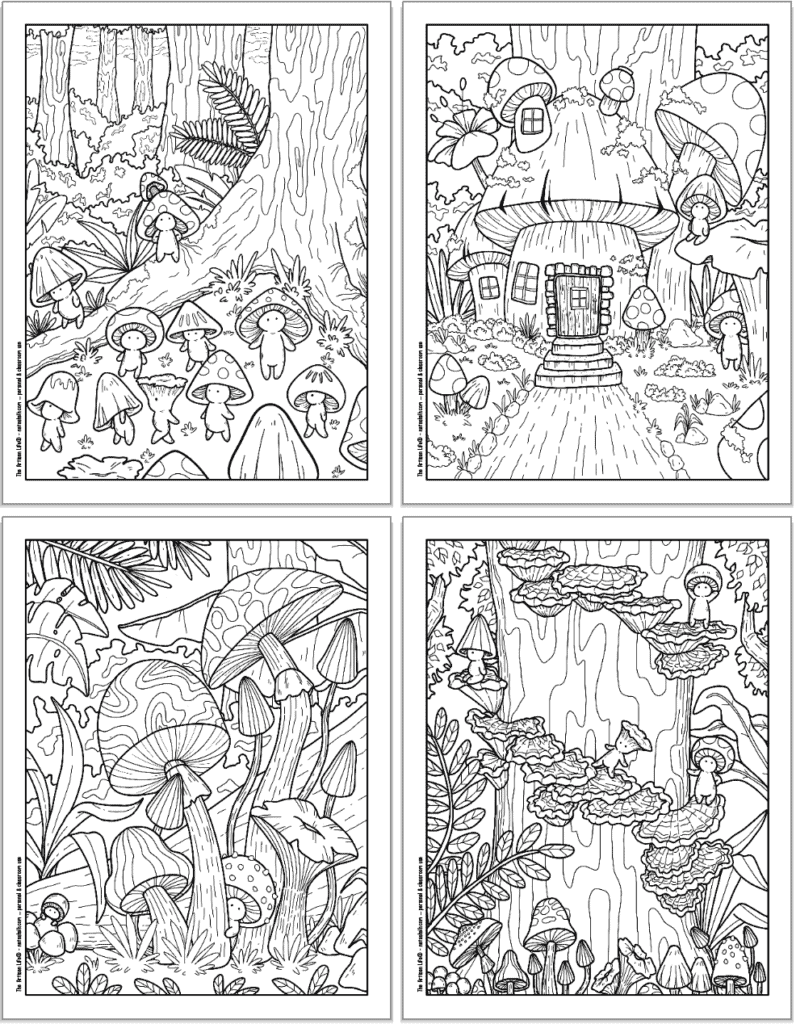 A 2x2 grid with four printable mushroom coloring pages. Each page has cute mushroom people to color with a tree, a mushroom house, peaking out from behind a mushroom, and climbing up mushrooms on a tree.