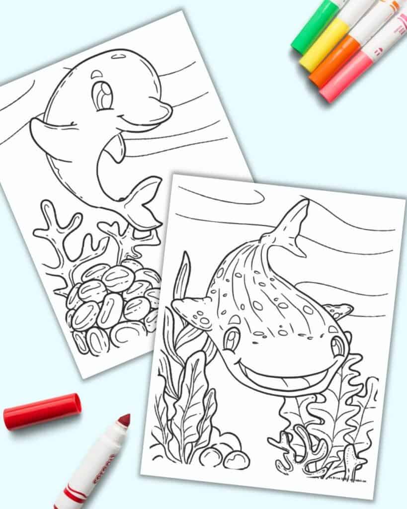 A preview of two cute ocean animal coloring pages on a light blue background with colorful children's markers. Pages are a whale shark and a dolphin.