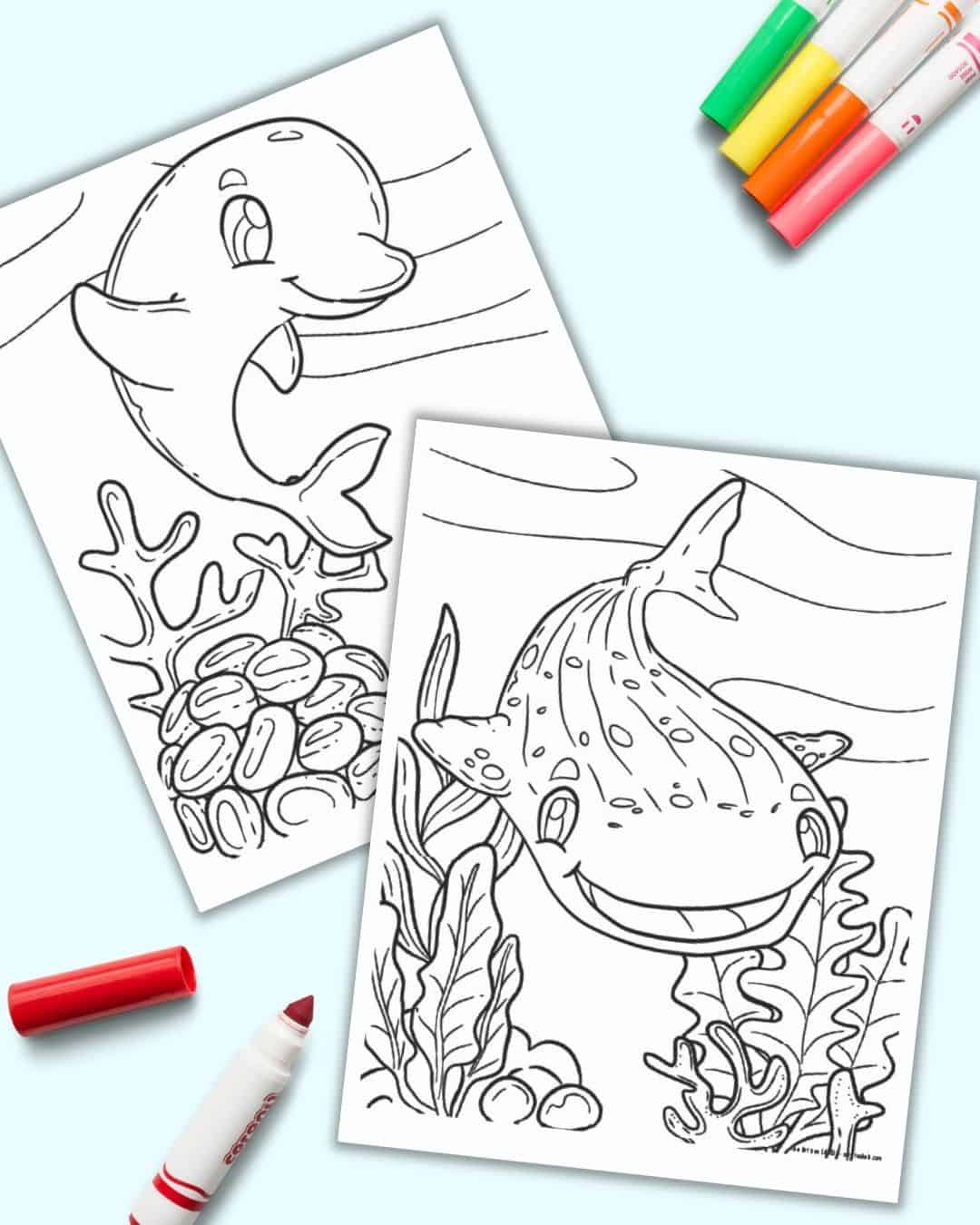 A preview of two cute ocean animal coloring pages on a light blue background with colorful children's markers. Pages are a whale shark and a dolphin.