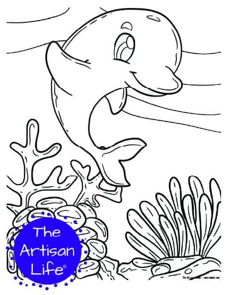 A children's coloring page with a cute dolphin on a background with coral and seaweed to color. 