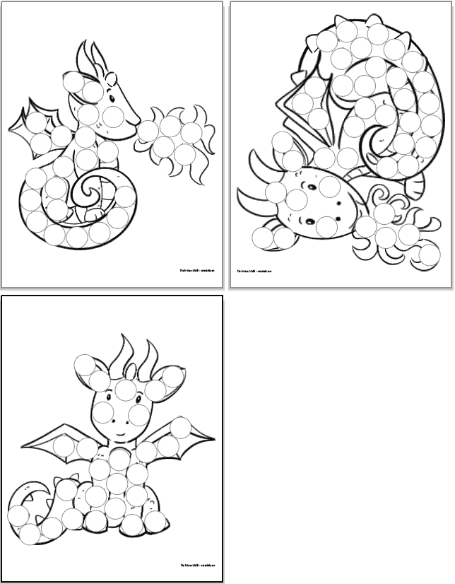 Three printable dragon dab it maker pages for toddlers and preschoolers. Each image is black and white with circles to dot in with a bingo dauber style marker. Images include: a sitting fire breathing dragon, a dragon lying down breathing fire, and a cute sitting upright dragon
