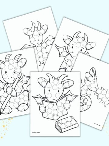 A preview of five printable dragon themed dab it marker pages for toddlers and preschoolers. Each page has a large, cute cartoon dragon image. The dragon is covered with large black and white circles to dot in with a bingo dauber style marker.