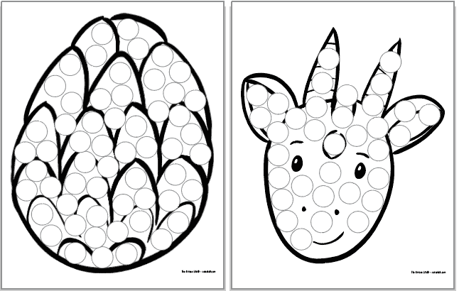 Two dragon dab it marker printables. One page has a dragon egg and the other has a dragon face. Both images have large black and white circles to dot in.