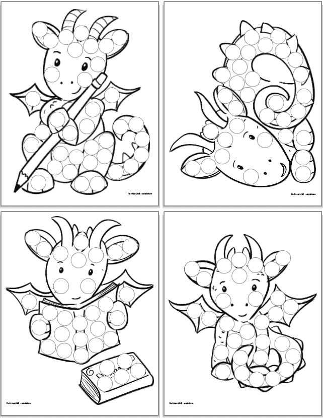 Four printable dragon dab it maker pages for toddlers and preschoolers. Each image is black and white with circles to dot in with a bingo dauber style marker. Images include: a dragon writing with a pencil, a coiled cute dragon, a dragon reading a book, and a sitting dragon.