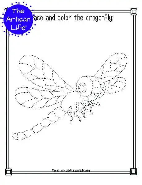 A printable trace and color page with a cute dragonfly to trace and color. The dragonfly has dotted lines instead of solid lines for a child to trace. 