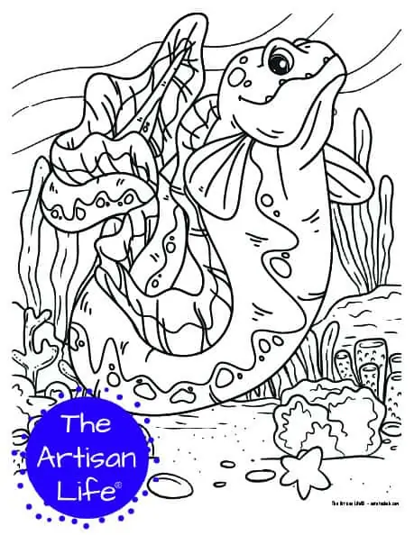 A children's coloring page with a cute eel on a background with coral and seaweed to color. 