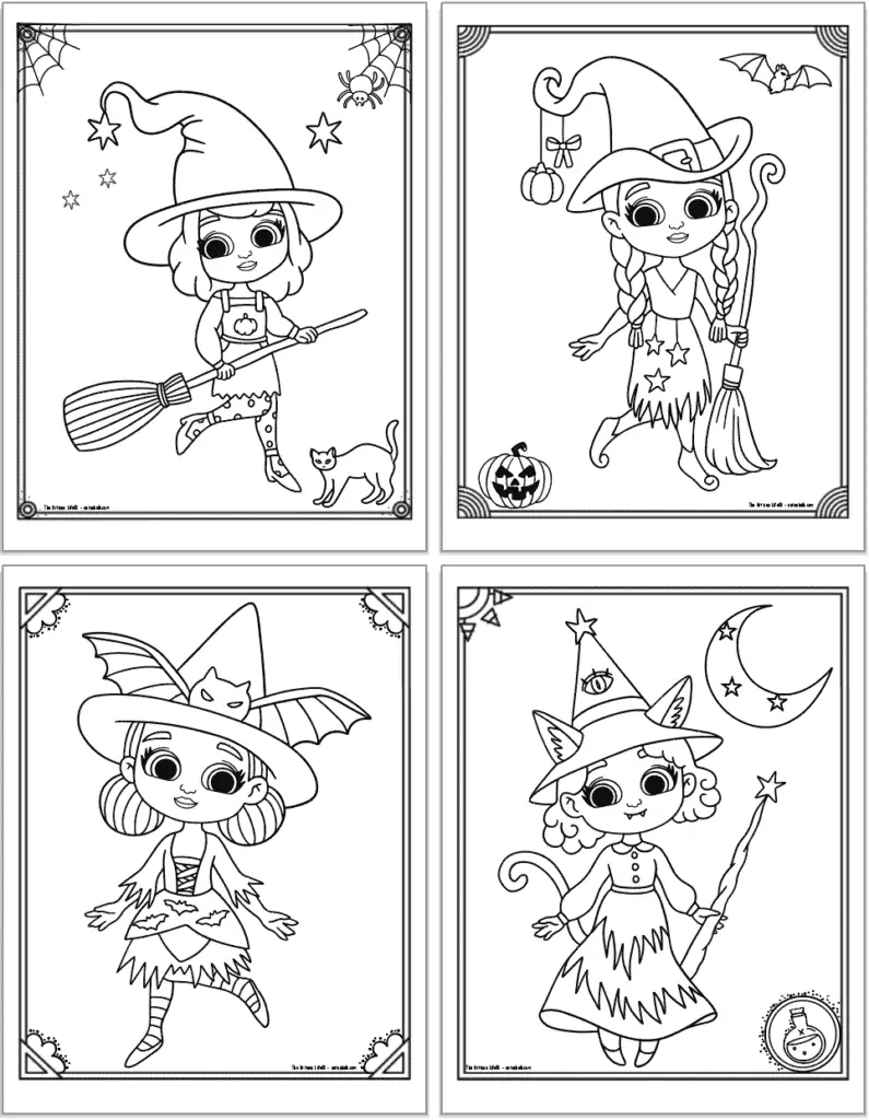 A 2x2 grid with free printable cute Halloween witch coloring pages. The pages feature: a witch holding a broom with a cat, a witch with a broom and a bat, a with with a large bat on her hat, a witch with wolf ears and fangs.