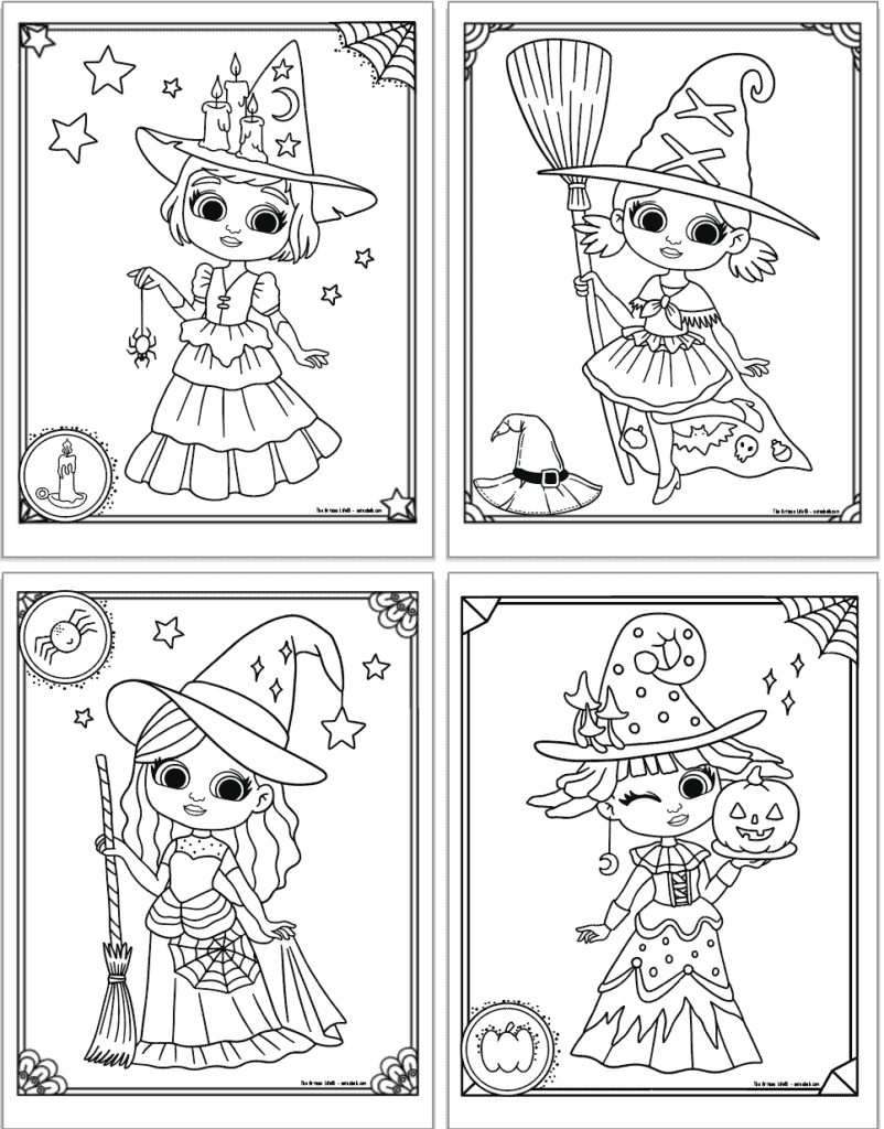 A 2x2 grid with free printable cute Halloween witch coloring pages. The pages feature: a witch with candles on her hat, a with with a broom and a cape, a witch with a broom and spiderwebs on her skirt, a witch holding a pumpkin.