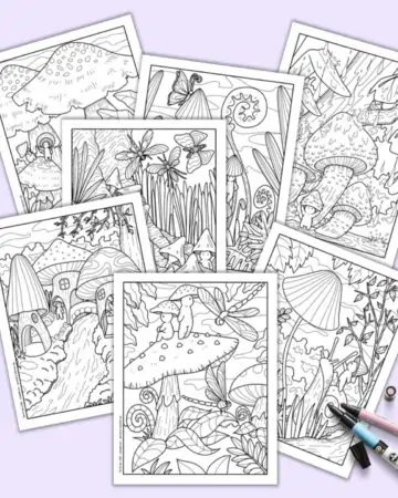A preview of seven printable woodland mushroom coloring pages with cute mushroom people to color. The pages are on a light purple background with a pink marker and a blue marker.