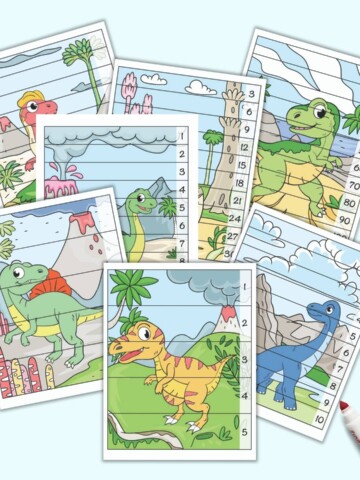 A preview of seven printable dinosaur themed number building puzzles for preschoolers and kindergarteners. Each page features a vertical, full color dinosaur image with strips to cut out. The strips have numbers 1-5, 1-10, skip counting by 2s, skip counting by 3s, and skip counting by 10s