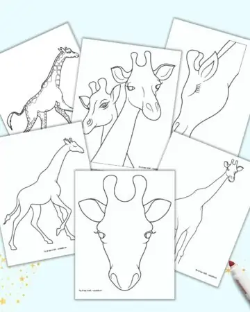 A preview of six printable black and white giraffe templates including giraffe heads and full body giraffes. The pages are on a light blue background with a red child's marker.