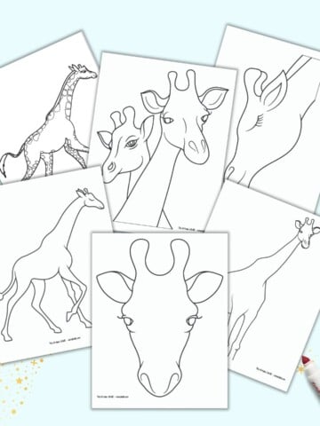 A preview of six printable black and white giraffe templates including giraffe heads and full body giraffes. The pages are on a light blue background with a red child's marker.