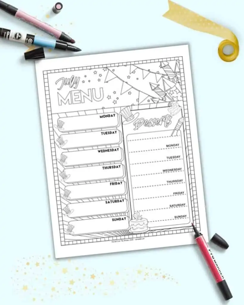 A free printable July menu planner page with spots to plan meals and desserts for the week. The page is in black and white with Fourth of July themed elements to color.