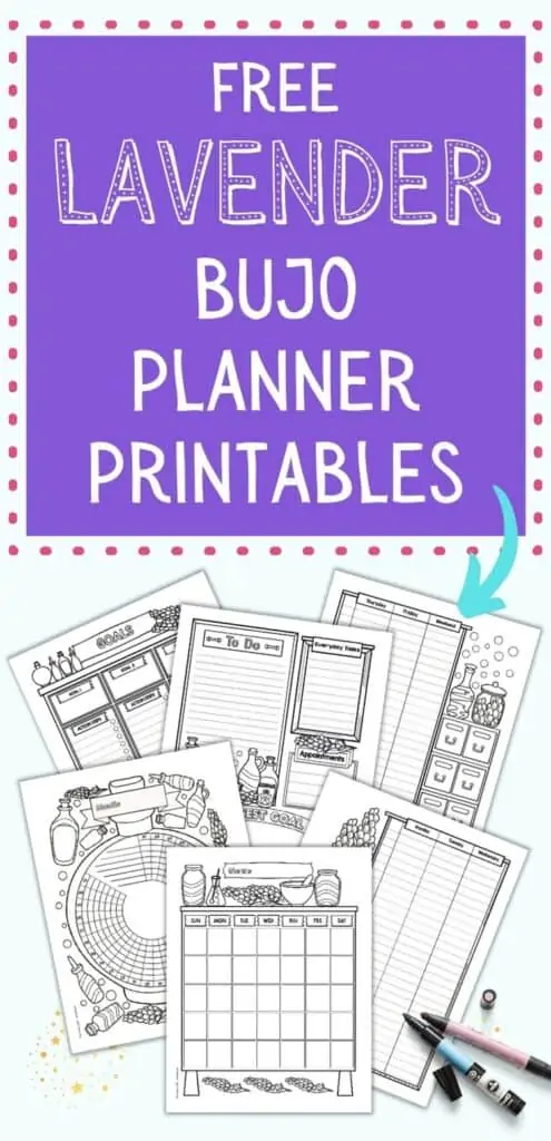 Text "free lavender bujo planner printables" above a preview with six pages of bujo style planner printable with lavender flowers to color. Pages include: daily log, weekly log, goals tracker, habit tracker, and monthly calendar. 