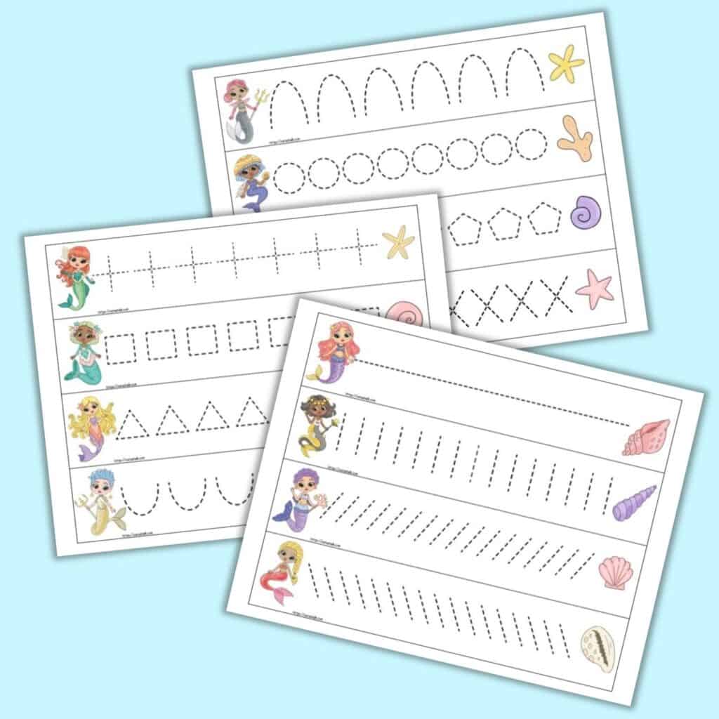 A preview of three pages of printable mermaid themed prewriting practice cards for preschoolers. Each page has four cards to cut out and trace. There is a mermaid on the left of each card and a shell on the right. Each card has a different dotted shape or line to trace. 