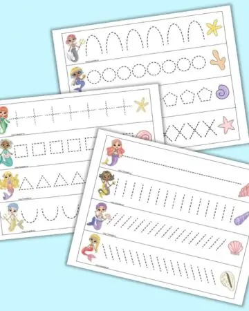 A preview of three pages of printable mermaid themed prewriting practice cards for preschoolers. Each page has four cards to cut out and trace. There is a mermaid on the left of each card and a shell on the right. Each card has a different dotted shape or line to trace.
