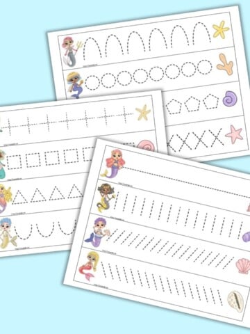 A preview of three pages of printable mermaid themed prewriting practice cards for preschoolers. Each page has four cards to cut out and trace. There is a mermaid on the left of each card and a shell on the right. Each card has a different dotted shape or line to trace.
