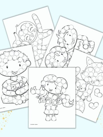 Five printable dab it marker pages for Mother's Day. Images include human children and cute mother and child animal pairs. Each page has black and white images covered with dots to fill in with a dauber marker.