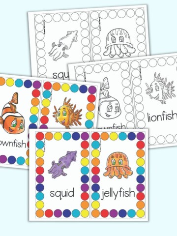 A preview with four pages of roll and count printable with an ocean theme. Each page has two cards to cut apart. Each card has an ocean animal in the center and circles to cover all around the rectangular card.