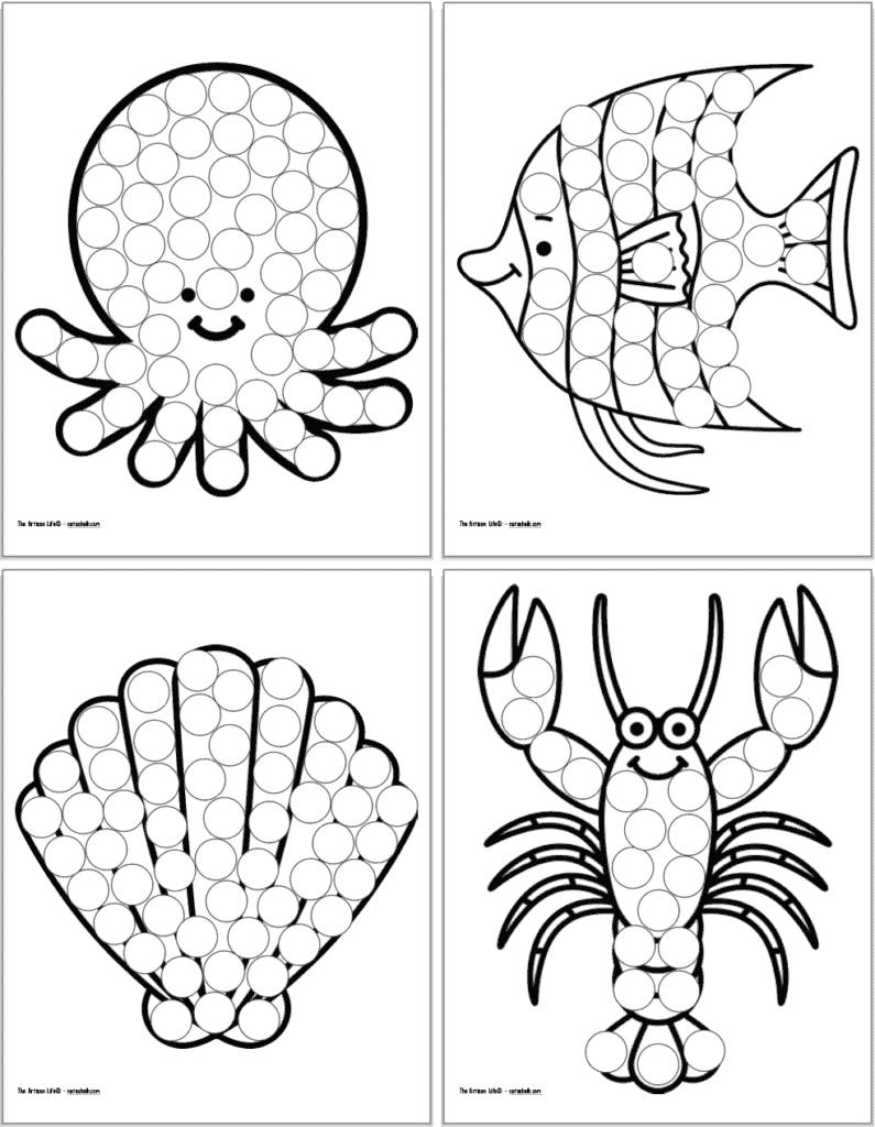 A preview of four ocean animal dot marker coloring pages Animals include: octopus, angelfish, clam, and lobster