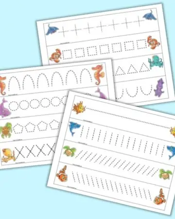 A preview of three pages of ocean themed prewriting practice cards for preschoolers. Each page has four cads to cut out. Each card has dotted shapes or lines to trace and a cute illustrated ocean animal on each end of the card.