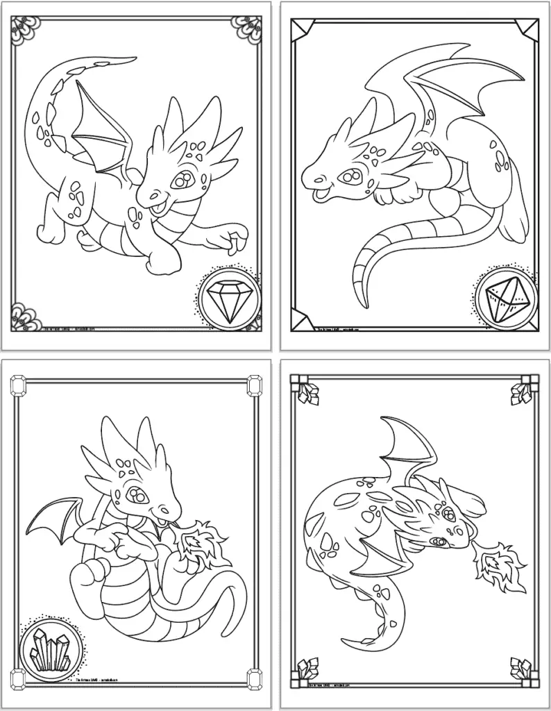 A 2x2 grid with four free printable cute baby dragon coloring pages. Each page has a doodle frame to color. Each page also has gems and crystals. The top two pages have flying baby dragons and the bottom two pages have dragons breathing fire.